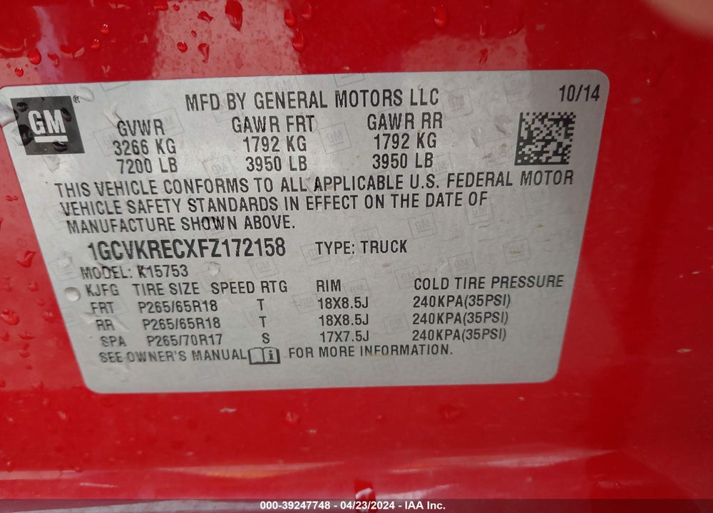 2015 CHEVROLET SILVERADO 1500 2LT VIN: 1GCVKRECXFZ172158