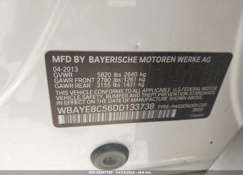 2013 BMW 750LI VIN: WBAYE8C56DD133738