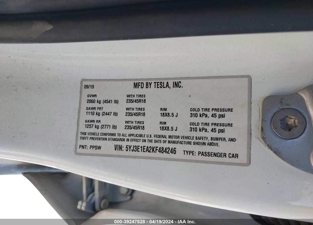 2019 TESLA MODEL 3 VIN: 5YJ3E1EA2KF484246