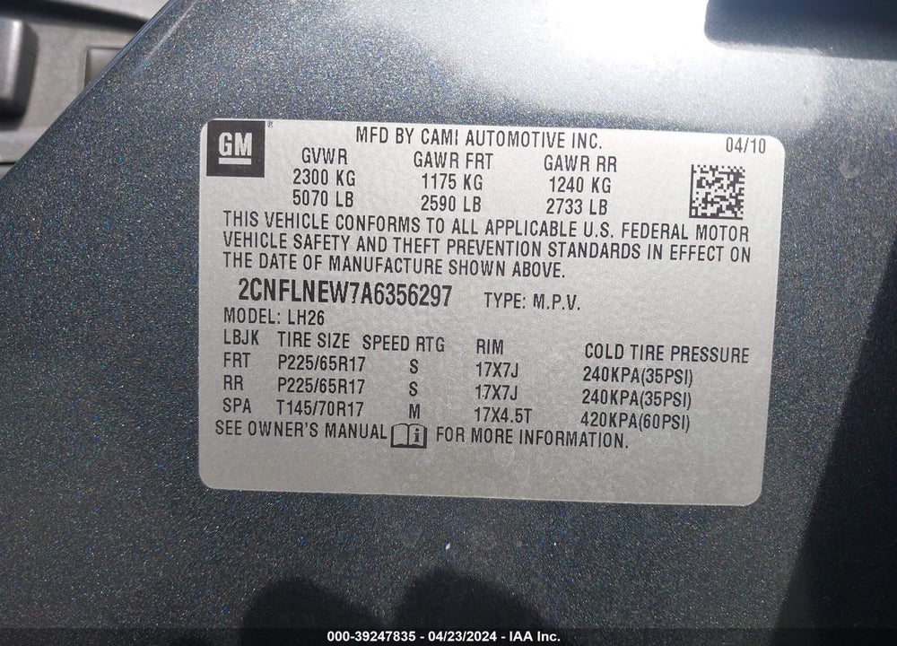 2010 CHEVROLET EQUINOX LT VIN: 2CNFLNEW7A6356297