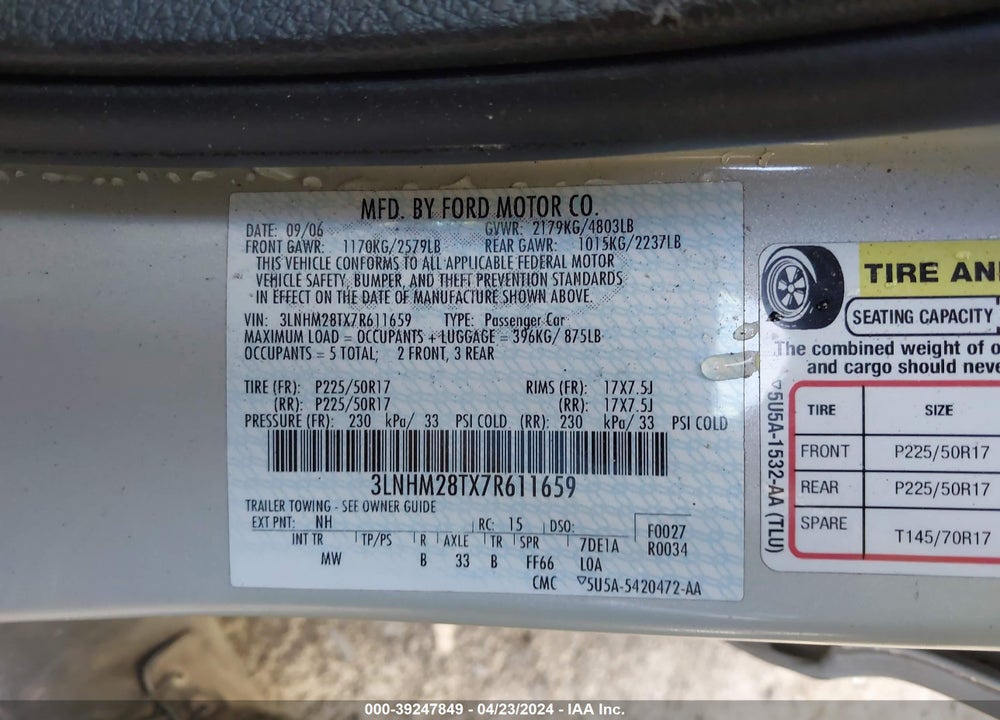 2007 LINCOLN MKZ VIN: 3LNHM28TX7R611659