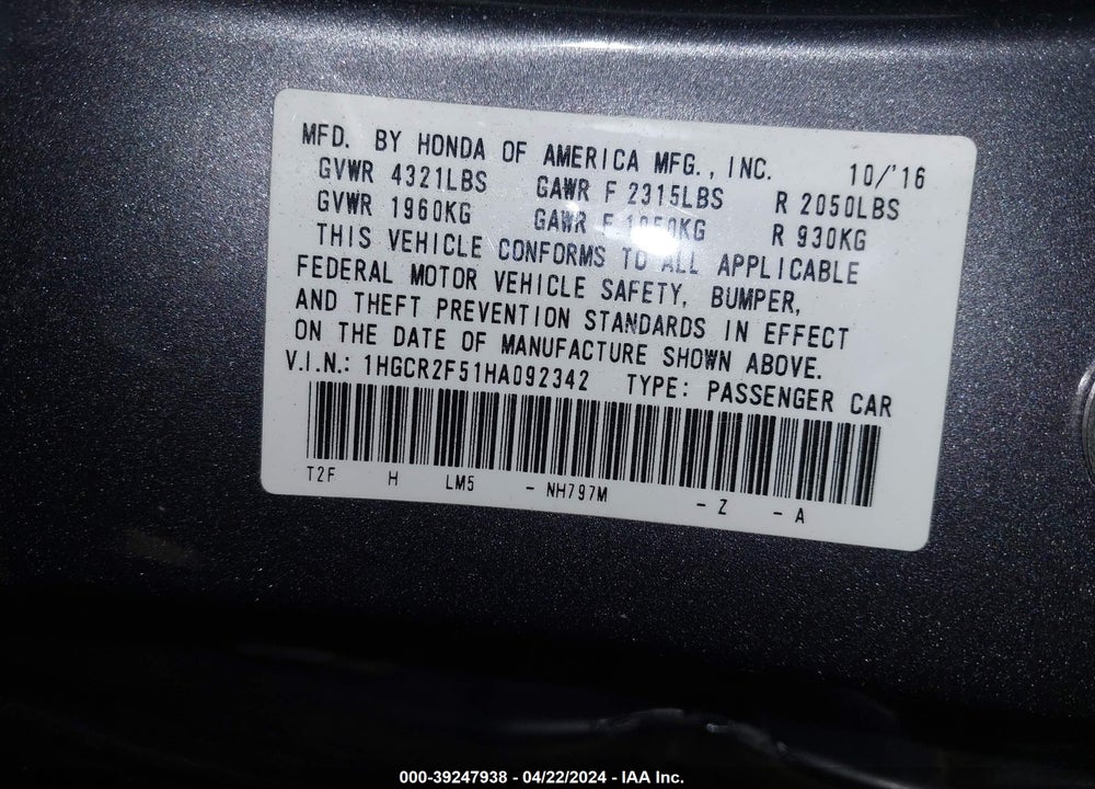 2017 HONDA ACCORD SPORT VIN: 1HGCR2F51HA092342