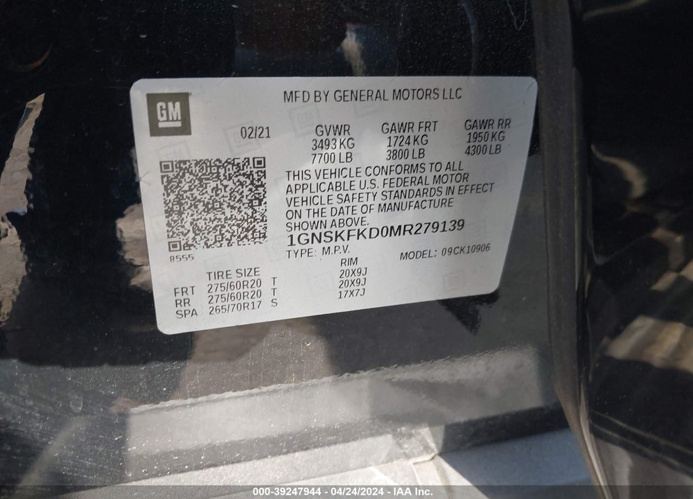 2021 CHEVROLET SUBURBAN 4WD PREMIER VIN: 1GNSKFKD0MR279139