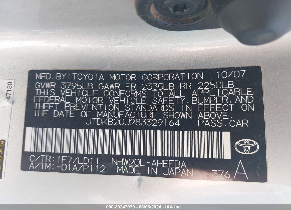 2008 TOYOTA PRIUS VIN: JTDKB20U283329164