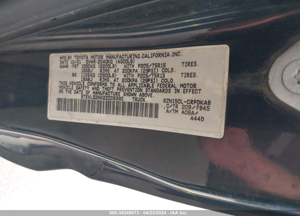 2002 TOYOTA TACOMA VIN: 5TEVL52NX2Z005390
