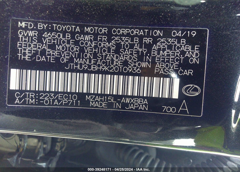 2019 LEXUS UX 250H VIN: JTHU9JBH9K2010936