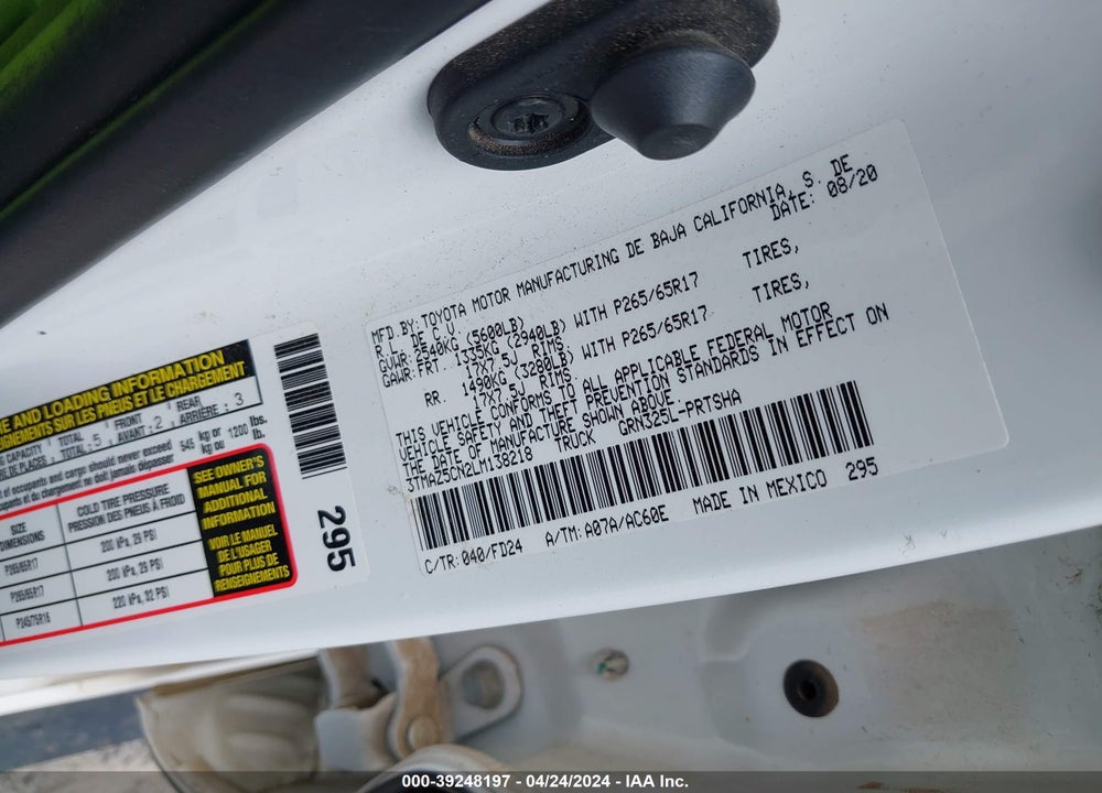 2020 TOYOTA TACOMA TRD SPORT VIN: 3TMAZ5CN2LM138218