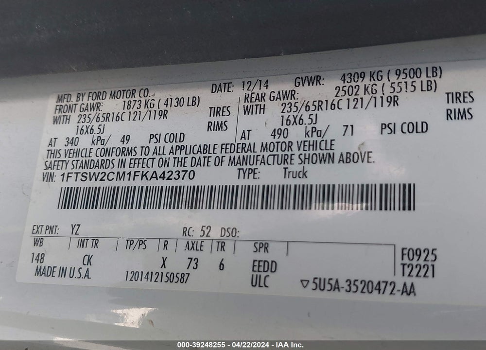 2015 FORD TRANSIT-350 VIN: 1FTSW2CM1FKA42370