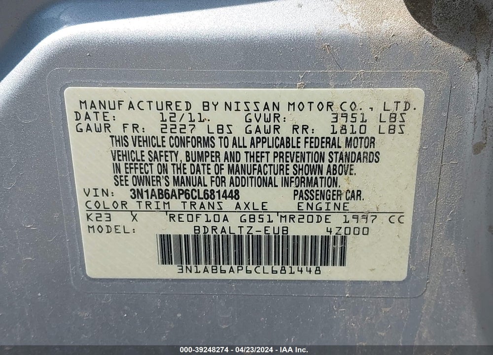 2012 NISSAN SENTRA 2.0 S VIN: 3N1AB6AP6CL681448