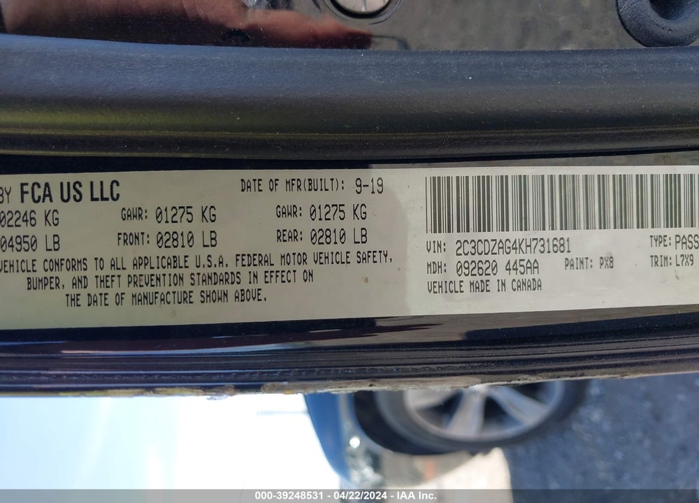 2019 DODGE CHALLENGER VIN: 2C3CDZAG4KH731681