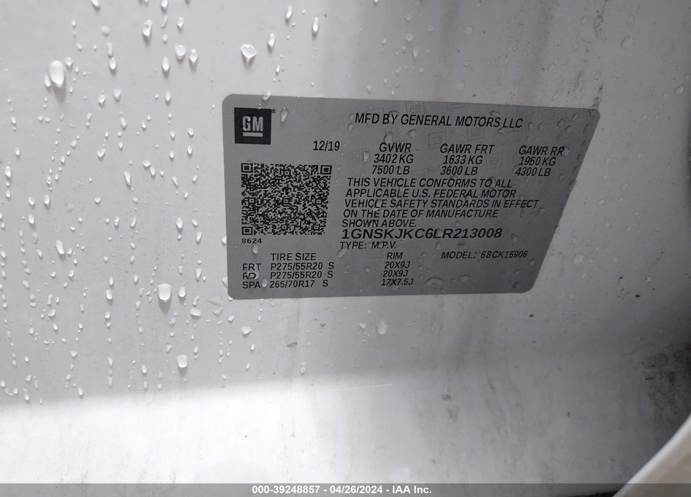 2020 CHEVROLET SUBURBAN 4WD PREMIER VIN: 1GNSKJKC6LR213008