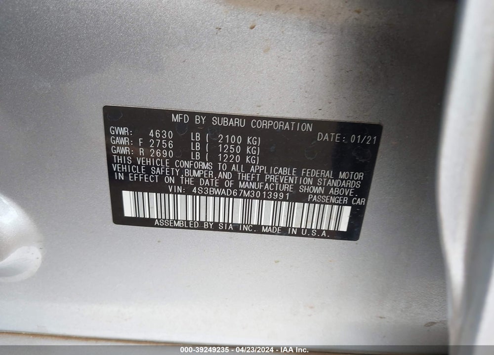 2021 SUBARU LEGACY VIN: 4S3BWAD67M3013991