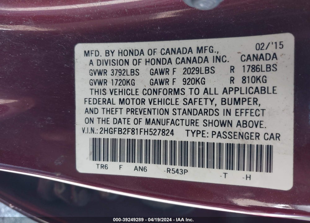 2015 HONDA CIVIC EX VIN: 2HGFB2F81FH527824