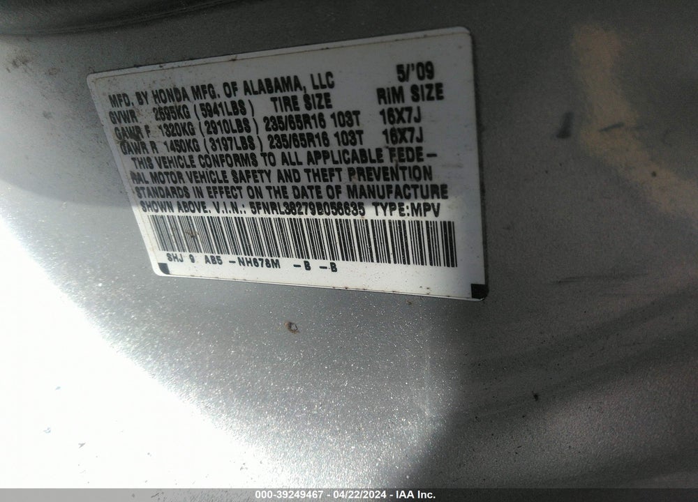 2009 HONDA ODYSSEY LX VIN: 5FNRL38279B056635