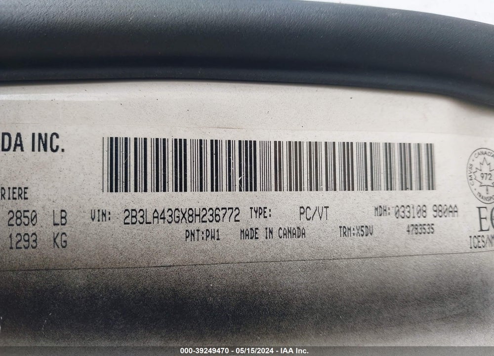 2008 DODGE CHARGER VIN: 2B3LA43GX8H236772