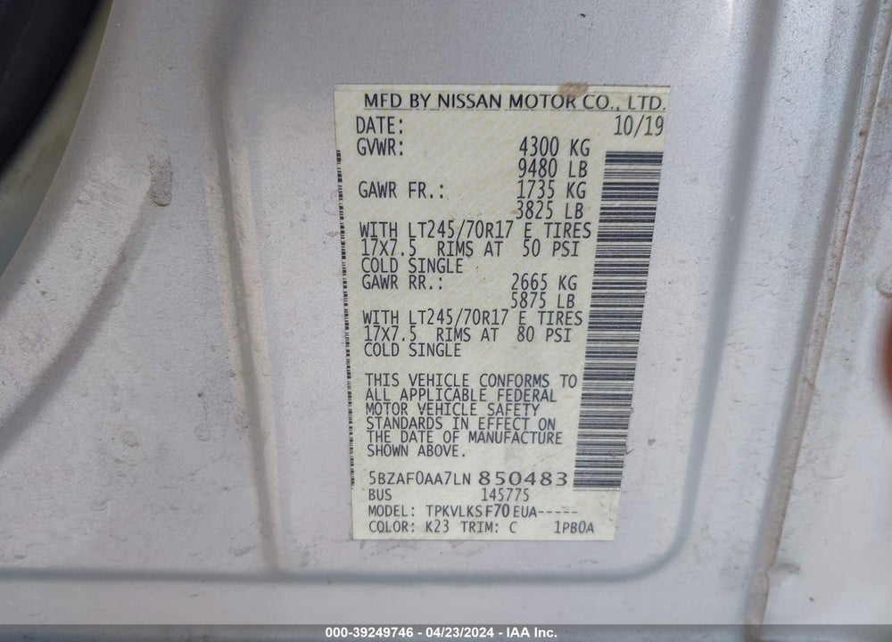 2020 NISSAN NV PASSENGER NV3500 HD SL VIN: 5BZAF0AA7LN850483