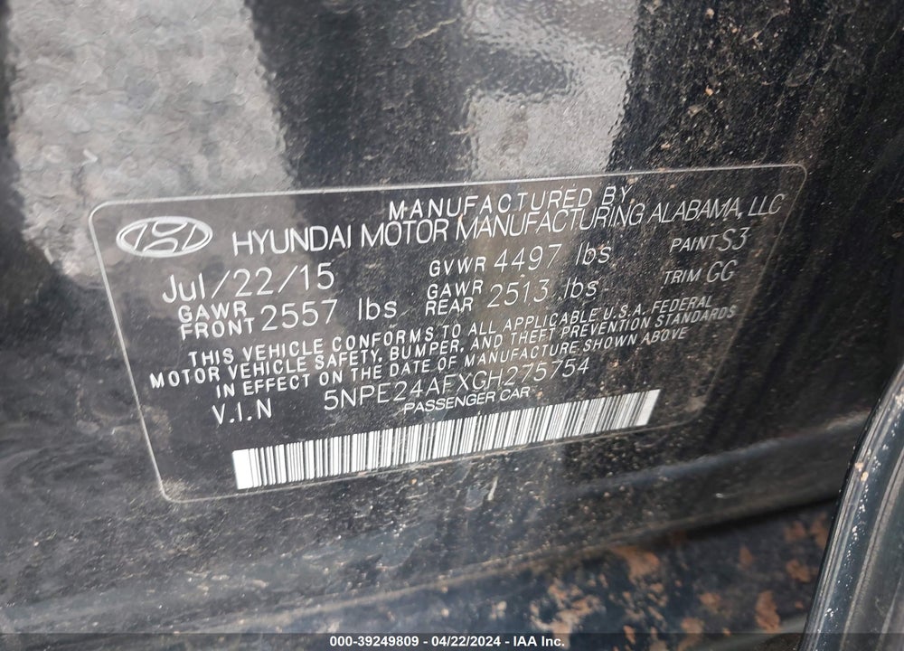 2016 HYUNDAI SONATA SE VIN: 5NPE24AFXGH275754