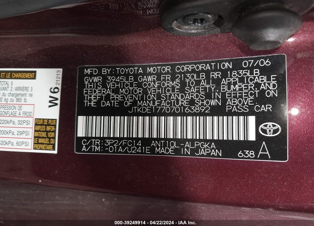 2007 SCION TC VIN: JTKDE177070163892