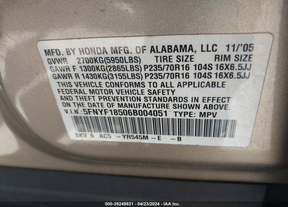 2006 HONDA PILOT EX-L VIN: 5FNYF18506B004051