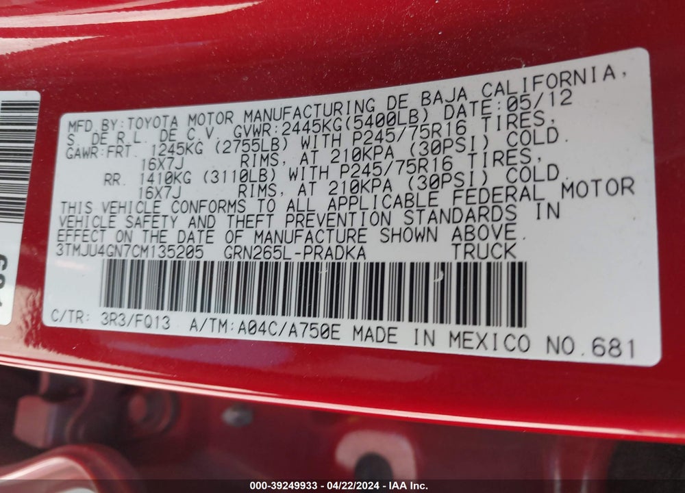2012 TOYOTA TACOMA PRERUNNER V6 VIN: 3TMJU4GN7CM135205