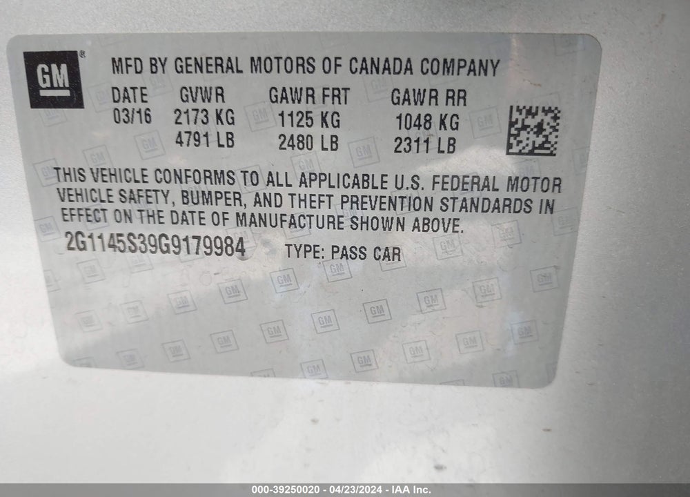 2016 CHEVROLET IMPALA VIN: 2G1145S39G9179984