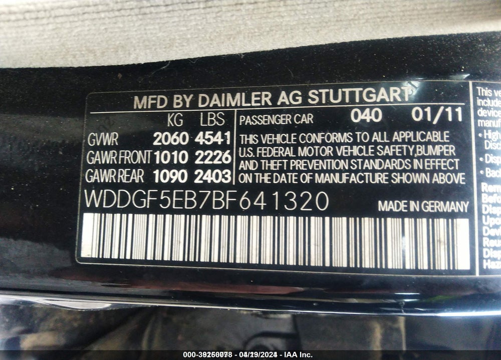 2011 MERCEDES-BENZ C 300 LUXURY/SPORT VIN: WDDGF5EB7BF641320