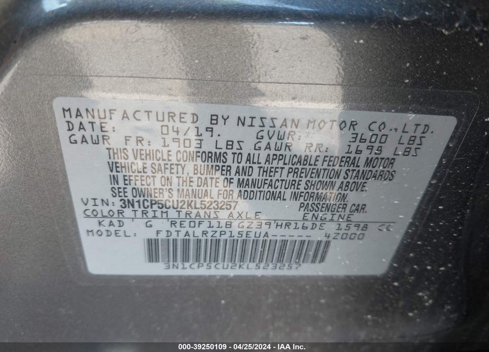 2019 NISSAN KICKS S VIN: 3N1CP5CU2KL523257