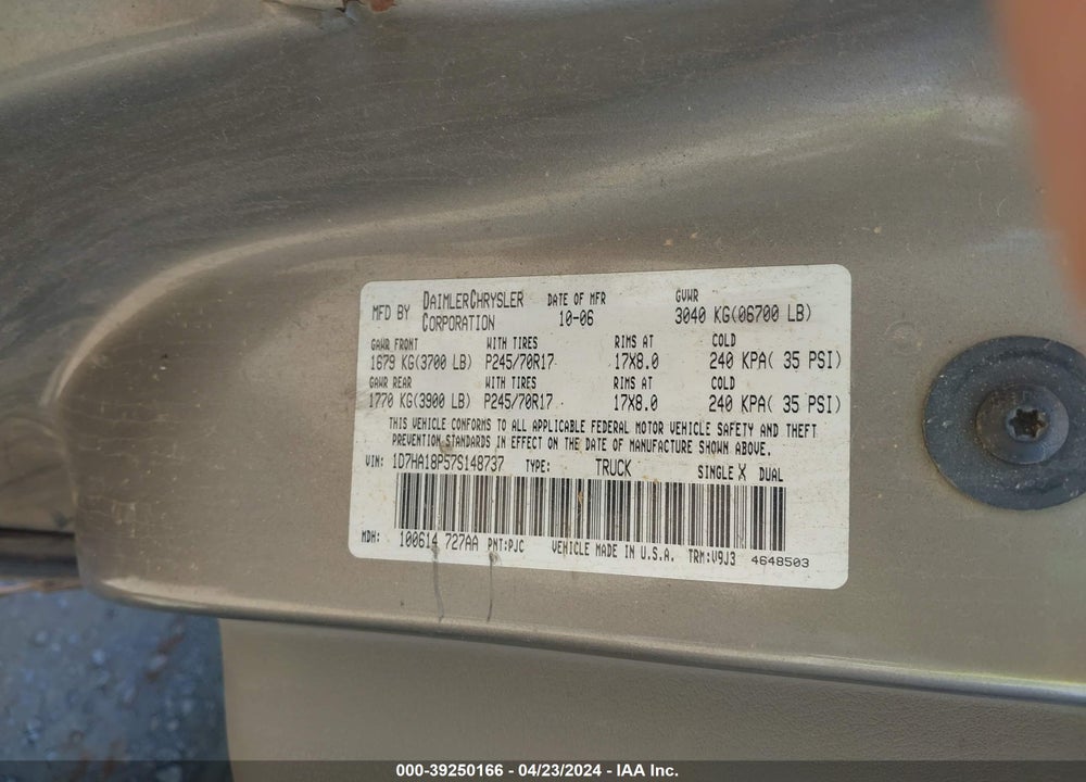 2007 DODGE RAM 1500 SLT VIN: 1D7HA18P57S148737