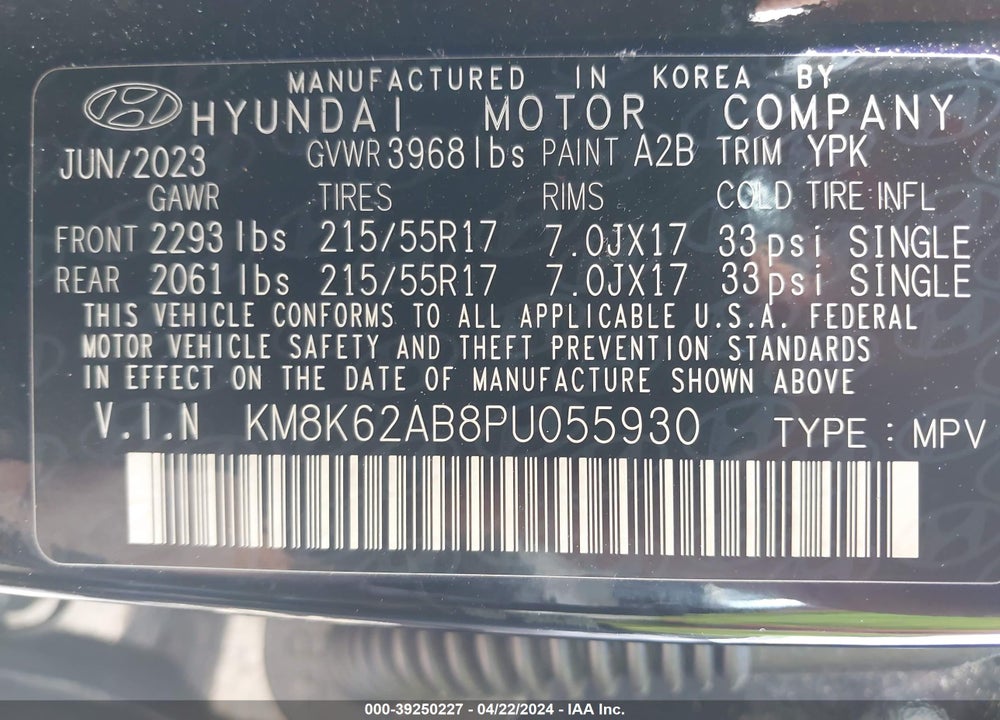 2023 HYUNDAI KONA SEL VIN: KM8K62AB8PU055930