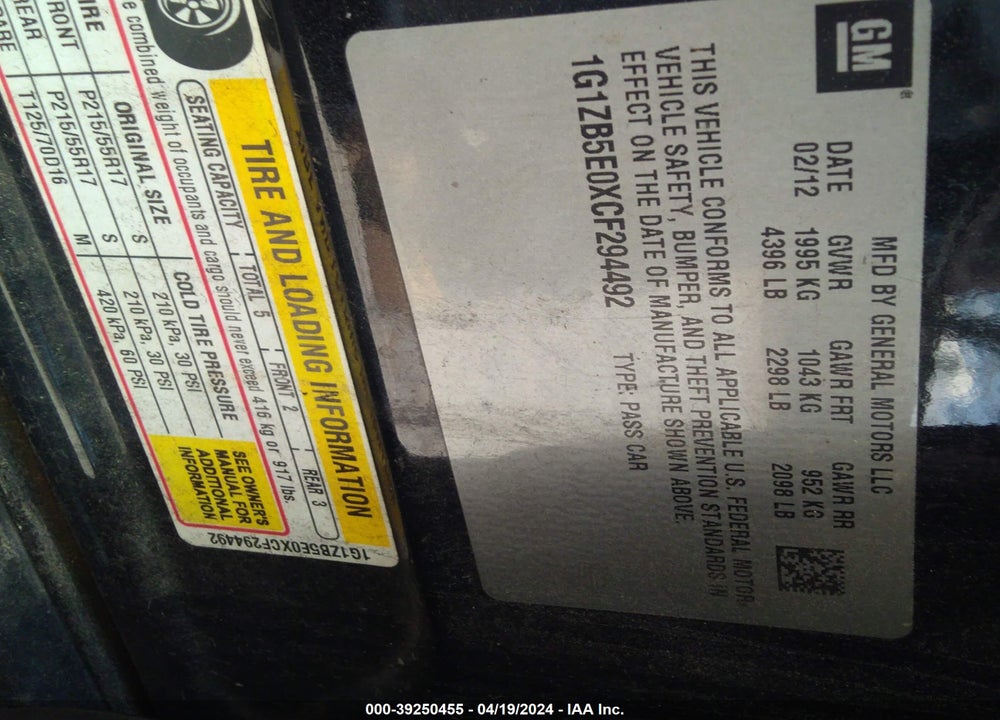 2012 CHEVROLET MALIBU LS VIN: 1G1ZB5E0XCF294492