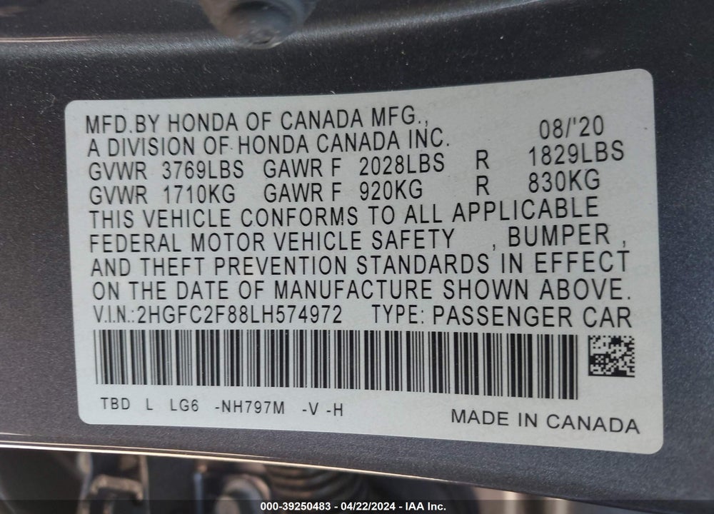 2020 HONDA CIVIC SPORT VIN: 2HGFC2F88LH574972