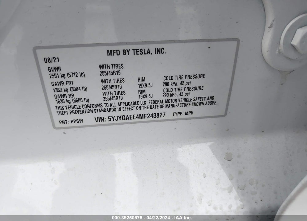 2021 TESLA MODEL Y LONG RANGE DUAL MOTOR ALL-WHEEL DRIVE VIN: 5YJYGAEE4MF243827