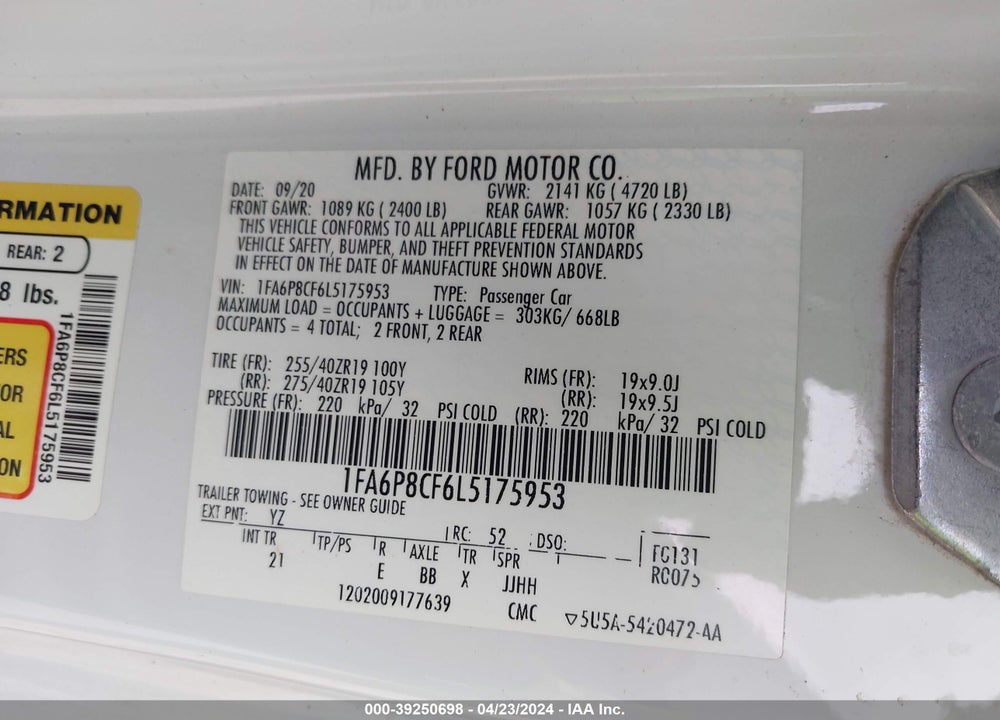 2020 FORD MUSTANG GT FASTBACK VIN: 1FA6P8CF6L5175953
