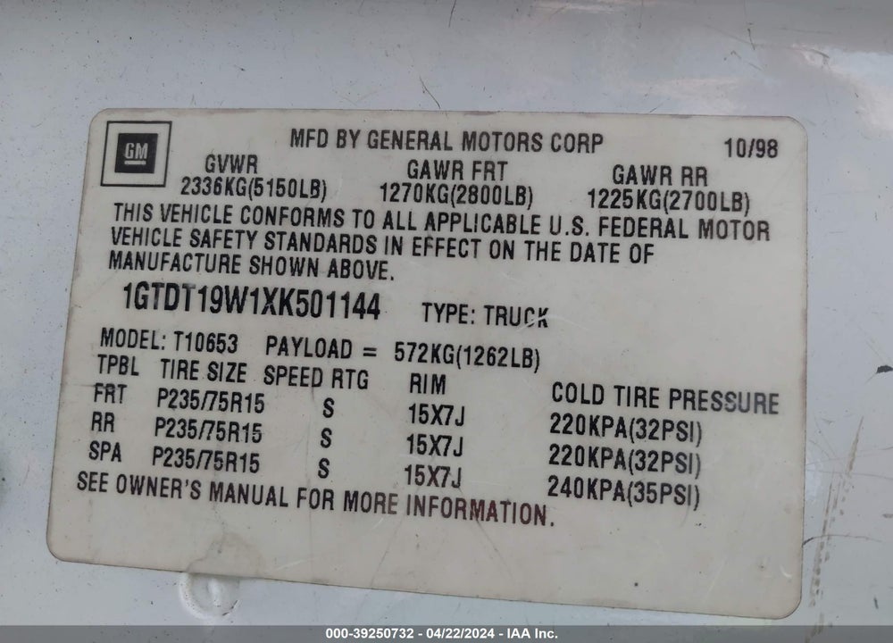 1999 GMC SONOMA SLS VIN: 1GTDT19W1XK501144