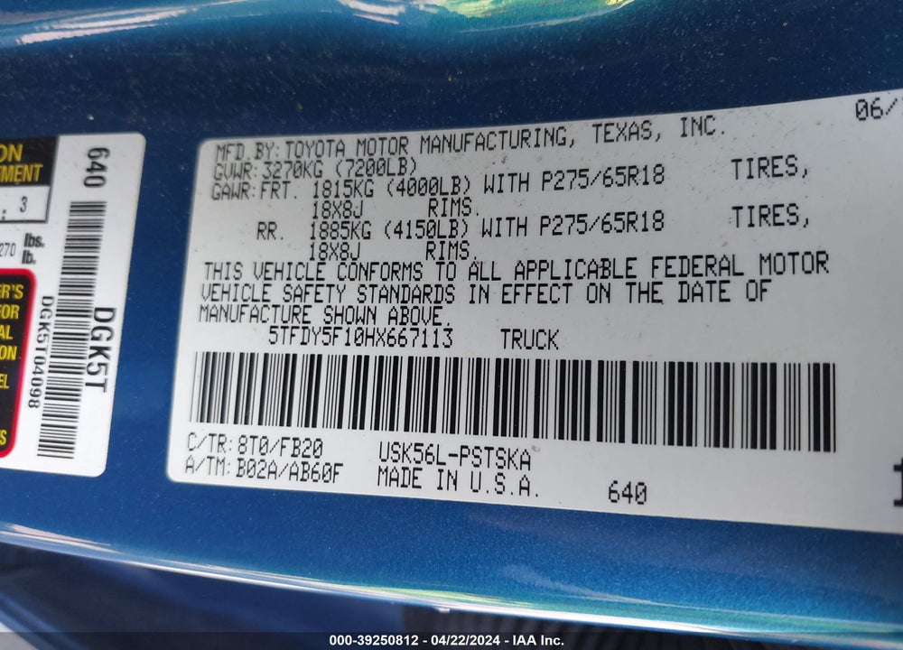2017 TOYOTA TUNDRA SR5 5.7L V8 VIN: 5TFDY5F10HX667113