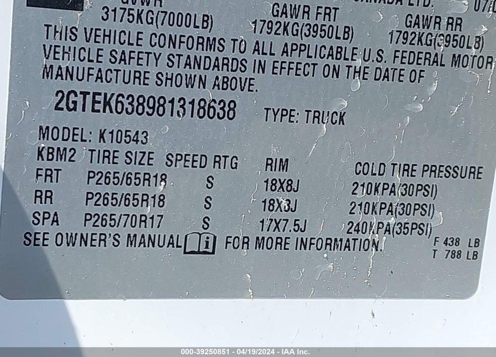 2008 GMC SIERRA 1500 VIN: 2GTEK638981318638