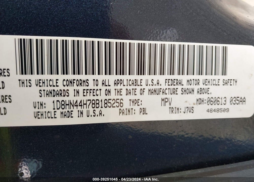 2008 DODGE GRAND CARAVAN SE VIN: 1D8HN44H78B185256
