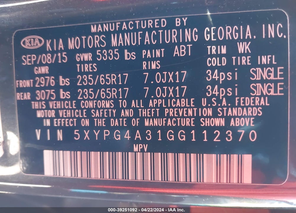 2016 KIA SORENTO 2.4L LX VIN: 5XYPG4A31GG112370