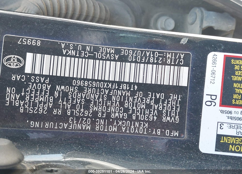 2013 TOYOTA CAMRY LE VIN: 4T1BF1FKXDU658960