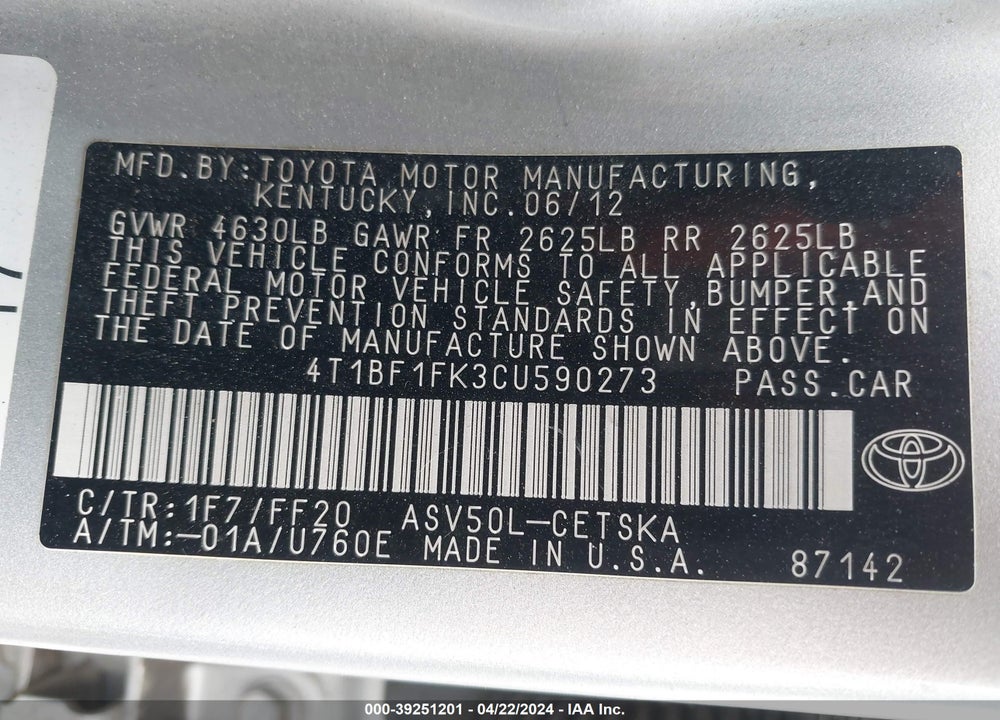 2012 TOYOTA CAMRY SE VIN: 4T1BF1FK3CU590273