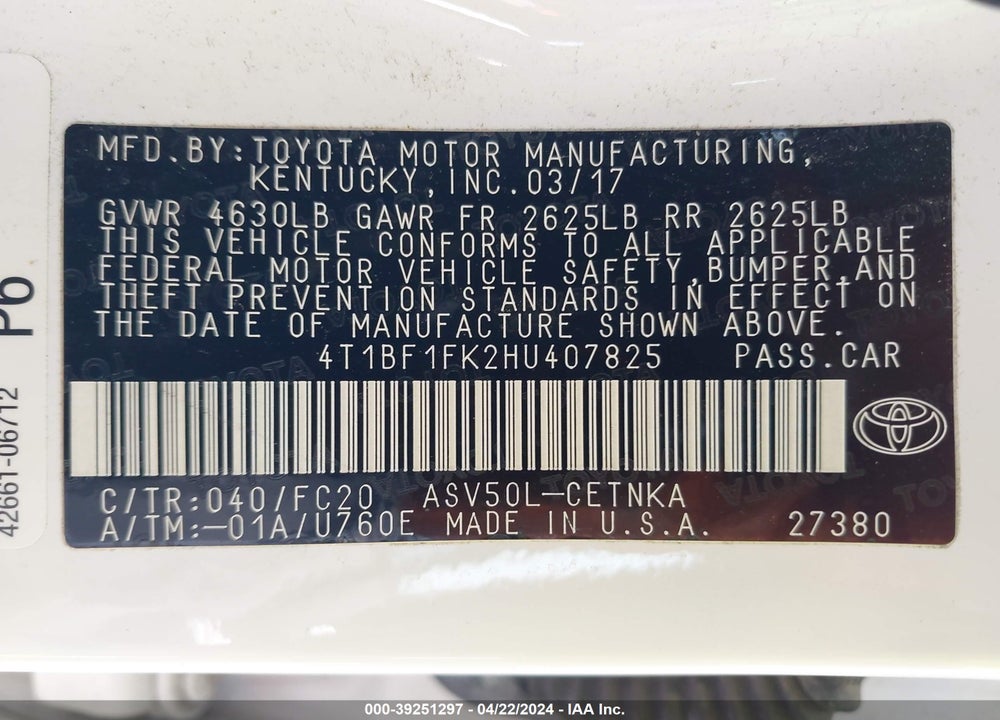 2017 TOYOTA CAMRY VIN: 4T1BF1FK2HU407825