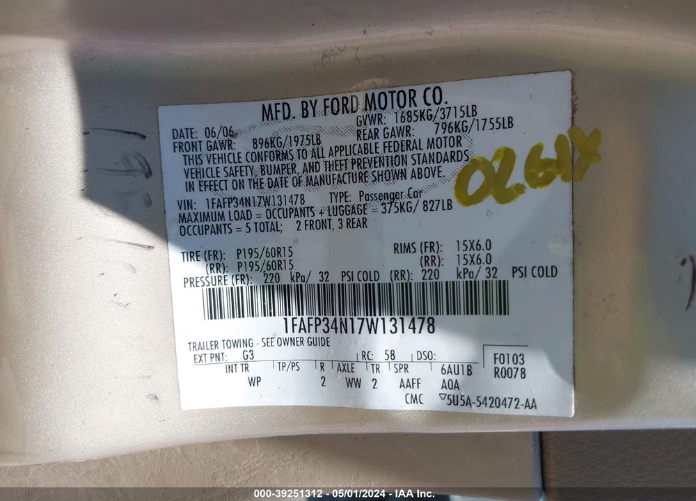2007 FORD FOCUS S/SE/SES VIN: 1FAFP34N17W131478