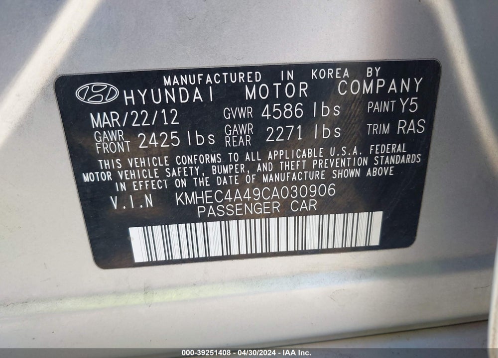 2012 HYUNDAI SONATA HYBRID VIN: KMHEC4A49CA030906