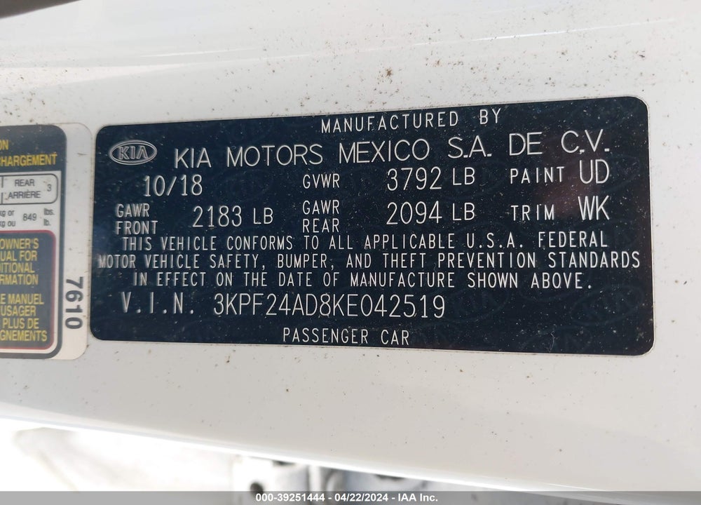 2019 KIA FORTE LXS VIN: 3KPF24AD8KE042519
