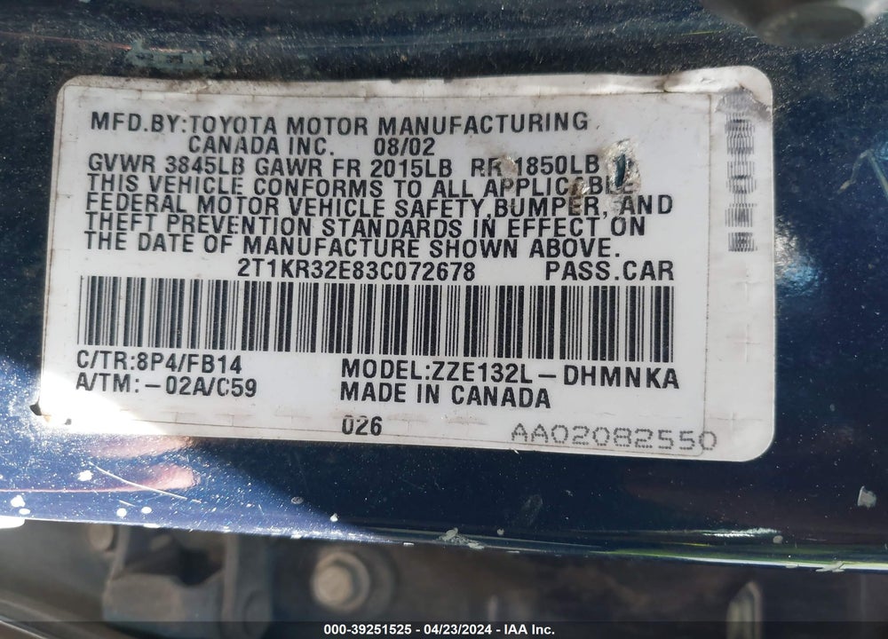 2003 TOYOTA MATRIX/XR VIN: 2T1KR32E83C072678