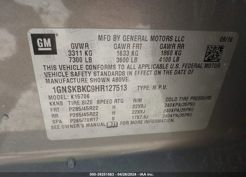 2017 CHEVROLET TAHOE LT VIN: 1GNSKBKC9HR127513