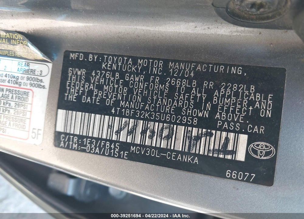 2005 TOYOTA CAMRY LE V6/XLE V6 VIN: 4T1BF32K354602958