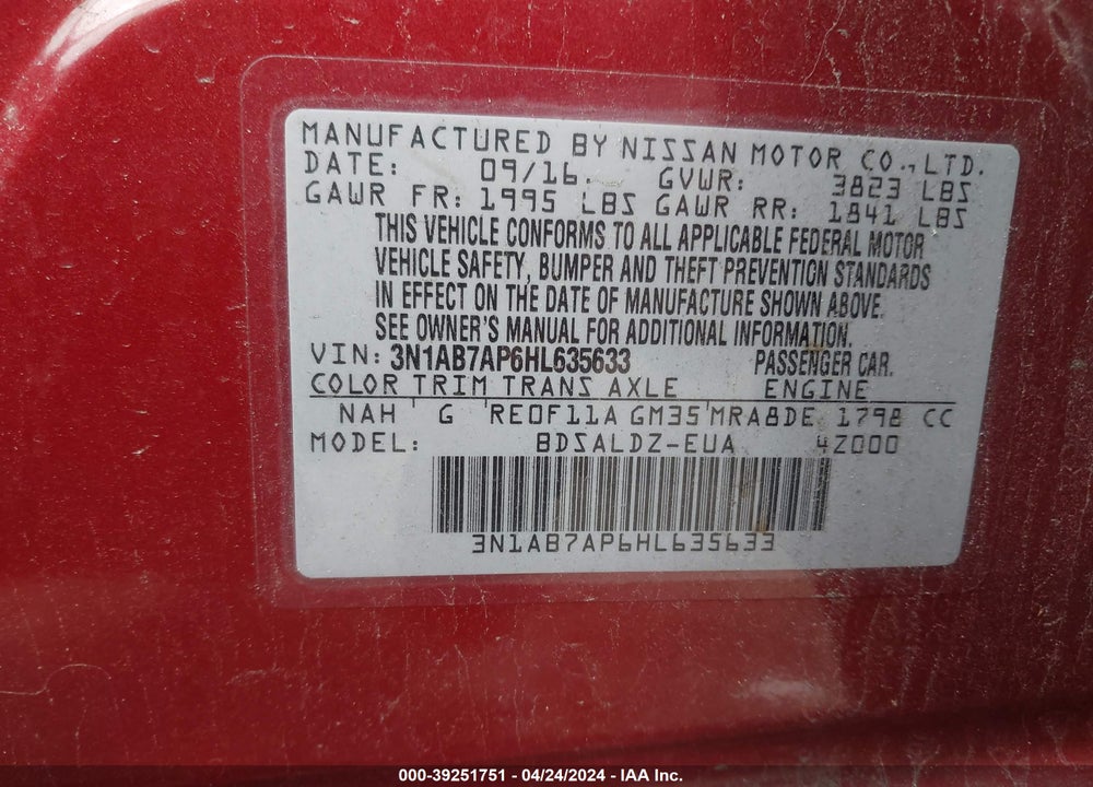 2017 NISSAN SENTRA S/SL/SR/SV VIN: 3N1AB7AP6HL635633