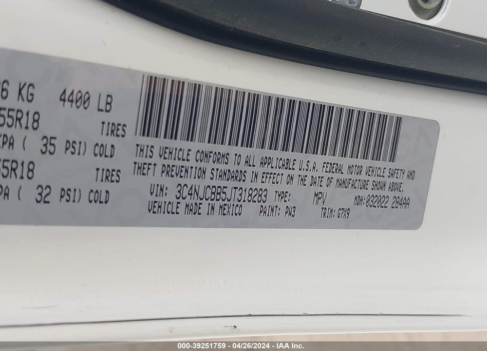 2018 JEEP COMPASS ALTITUDE FWD VIN: 3C4NJCBB5JT318283