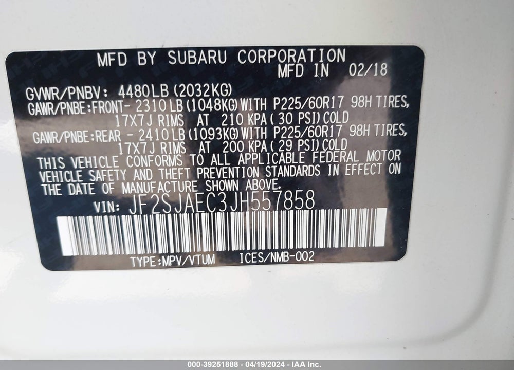 2018 SUBARU FORESTER 2.5I PREMIUM VIN: JF2SJAEC3JH557858